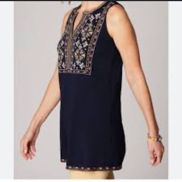 J Jill Navy Blue Embroidered Boho Sleeveless Cotton Blend Summer Casual Top - Picture 2 of 13